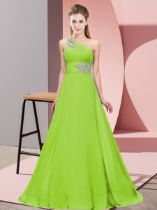 Brush Train Empire Prom Gown Yellow Green One Shoulder Chiffon Sleeveless Lace Up