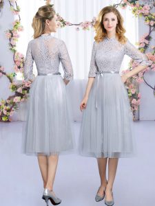 Grey Zipper High-neck Lace and Belt Dama Dress for Quinceanera Tulle Half Sleeves