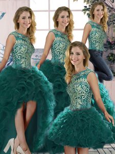 On Sale Peacock Green Ball Gowns Beading and Ruffles 15 Quinceanera Dress Lace Up Organza Sleeveless Floor Length