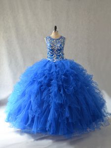 Customized Blue Tulle Side Zipper Quince Ball Gowns Sleeveless Floor Length Beading and Ruffles