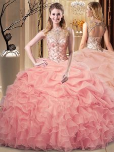 Peach Organza Lace Up Sweet 16 Dresses Sleeveless Floor Length Beading and Ruffles and Pick Ups