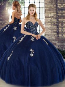 Exquisite Navy Blue Tulle Lace Up Quinceanera Gowns Sleeveless Floor Length Beading and Appliques