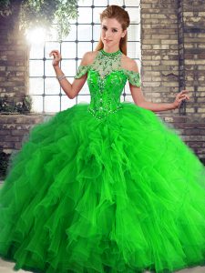 Fabulous Green Sweet 16 Quinceanera Dress Military Ball and Sweet 16 and Quinceanera with Beading and Ruffles Halter Top Sleeveless Lace Up