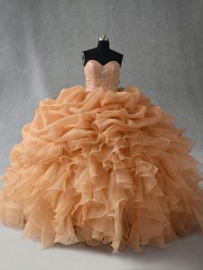 Sleeveless Floor Length Beading and Ruffles and Pick Ups Lace Up Sweet 16 Quinceanera Dress with Gold
