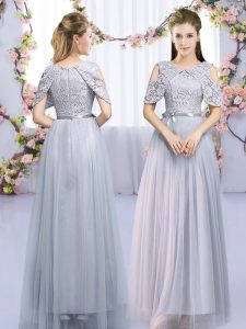 Custom Design Floor Length Zipper Quinceanera Court Dresses Grey for Wedding Party with Lace and Belt