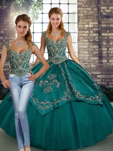 Teal Two Pieces Beading and Embroidery Quinceanera Dresses Lace Up Tulle Sleeveless Floor Length