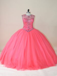 Nice Scoop Sleeveless Lace Up Quinceanera Gowns Watermelon Red Tulle