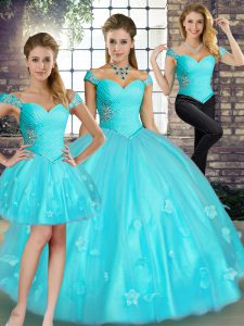 Sweet Aqua Blue Sleeveless Tulle Lace Up Quinceanera Gowns for Military Ball and Sweet 16 and Quinceanera