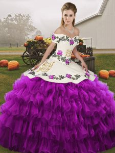 Wonderful White And Purple Off The Shoulder Lace Up Embroidery and Ruffled Layers Quince Ball Gowns Sleeveless