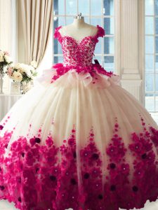 Decent Fuchsia Sleeveless Brush Train Hand Made Flower Vestidos de Quinceanera