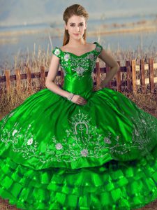 Graceful Ball Gowns 15th Birthday Dress Green Off The Shoulder Satin Sleeveless Floor Length Lace Up