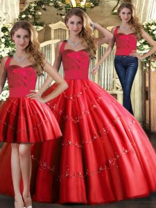 Floor Length Red Sweet 16 Dresses Tulle Sleeveless Appliques