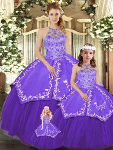 Elegant Purple Halter Top Neckline Beading and Embroidery Ball Gown Prom Dress Sleeveless Lace Up