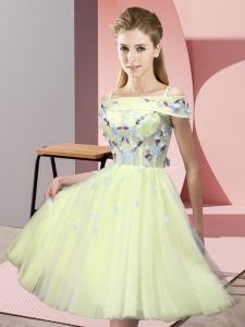 Suitable Knee Length Yellow Damas Dress Tulle Short Sleeves Appliques