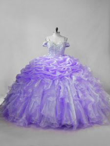 Discount Beading and Ruffles and Pick Ups Sweet 16 Quinceanera Dress Lavender Lace Up Sleeveless Brush Train