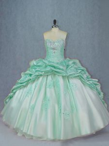 Comfortable Sleeveless Beading and Pick Ups Lace Up 15 Quinceanera Dress with Apple Green Brush Train