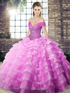 Pretty Lilac Ball Gowns Organza Off The Shoulder Sleeveless Beading and Ruffled Layers Lace Up Vestidos de Quinceanera Brush Train