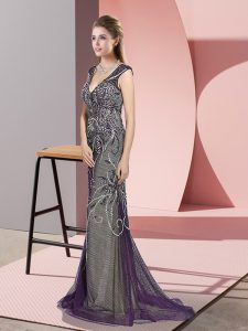 Inexpensive V-neck Sleeveless Prom Dresses Sweep Train Beading Purple Tulle