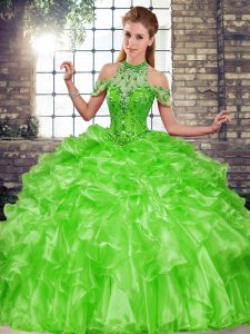 Fashionable Green Ball Gowns Halter Top Sleeveless Organza Floor Length Lace Up Beading and Ruffles Quinceanera Dress