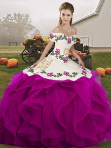 Dazzling White And Purple Ball Gowns Off The Shoulder Sleeveless Tulle Floor Length Lace Up Embroidery and Ruffles Quinceanera Dress