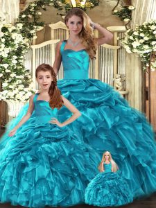 Eye-catching Ball Gowns Ball Gown Prom Dress Teal Halter Top Organza Sleeveless Floor Length Lace Up