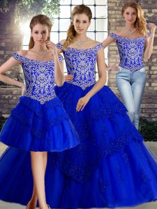 Admirable Royal Blue Tulle Lace Up Quinceanera Dress Sleeveless Brush Train Beading and Lace