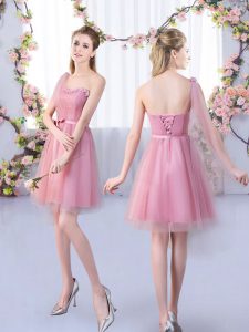 Pink A-line Appliques and Belt Quinceanera Court Dresses Lace Up Tulle Sleeveless Mini Length