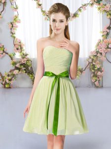 Yellow Green Empire Chiffon Sweetheart Sleeveless Belt Mini Length Lace Up Quinceanera Dama Dress