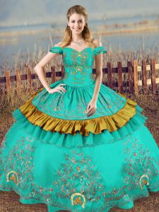 Floor Length Turquoise 15th Birthday Dress Satin Sleeveless Embroidery