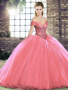 Most Popular Watermelon Red Lace Up Quinceanera Dresses Beading Sleeveless Brush Train