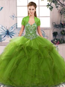 Olive Green Tulle Lace Up Sweet 16 Dress Sleeveless Floor Length Beading and Ruffles