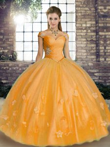 Classical Orange Off The Shoulder Lace Up Beading and Appliques Sweet 16 Dresses Sleeveless