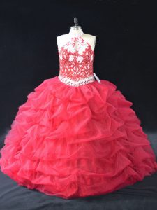 Red Organza Backless Quinceanera Dress Sleeveless Floor Length Beading and Lace