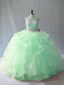 Pretty Apple Green Halter Top Backless Beading and Ruffles Quinceanera Gowns Brush Train Sleeveless