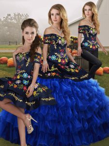 Blue And Black Organza Lace Up Quinceanera Dresses Sleeveless Floor Length Embroidery and Ruffled Layers