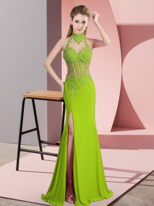 Green Column/Sheath Chiffon Halter Top Sleeveless Lace and Appliques Floor Length Backless Prom Party Dress