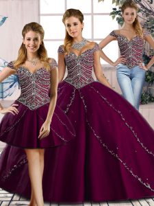 Great Purple Sweet 16 Dresses Sweet 16 and Quinceanera with Beading Sweetheart Cap Sleeves Brush Train Lace Up