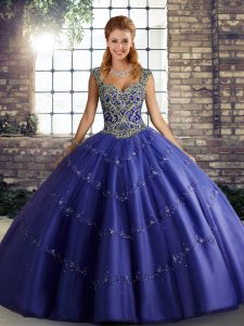 Ball Gowns Quince Ball Gowns Purple Straps Tulle Sleeveless Floor Length Lace Up