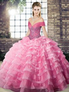 Edgy Rose Pink Sleeveless Organza Brush Train Lace Up Sweet 16 Dresses for Military Ball and Sweet 16 and Quinceanera