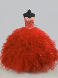 Sophisticated Rust Red Sleeveless Floor Length Beading and Ruffles Lace Up 15th Birthday Dress