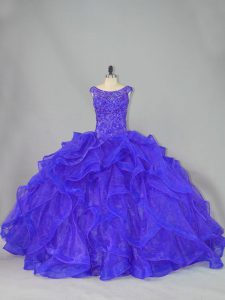 Discount Lace Up Quinceanera Gowns Blue for Sweet 16 and Quinceanera with Beading and Ruffles Brush Train