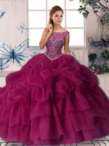 Fitting Sleeveless Organza Brush Train Zipper Quinceanera Dress in Fuchsia with Beading and Pick Ups