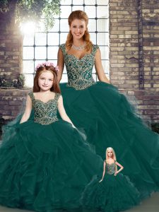 Peacock Green Ball Gowns Straps Sleeveless Tulle Floor Length Lace Up Beading and Ruffles Quinceanera Dress