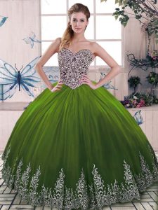 High End Sleeveless Tulle Floor Length Lace Up Quinceanera Gown in Olive Green with Beading and Embroidery