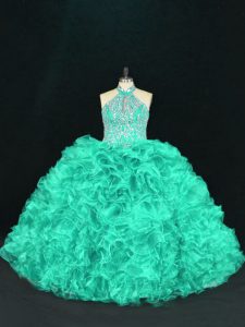 Turquoise Sweet 16 Dresses Sweet 16 and Quinceanera with Beading and Ruffles Halter Top Sleeveless Lace Up