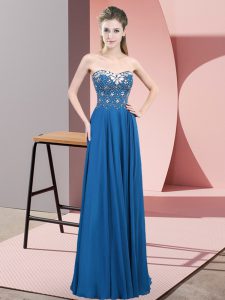 Sleeveless Floor Length Beading Zipper Prom Evening Gown with Blue