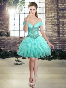 New Style Aqua Blue Organza Lace Up Off The Shoulder Sleeveless Mini Length Prom Dresses Beading and Ruffles