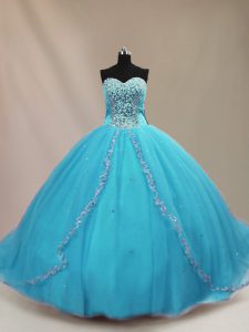 Sophisticated Tulle Sweetheart Sleeveless Court Train Lace Up Beading 15th Birthday Dress in Aqua Blue