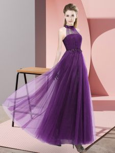 Halter Top Sleeveless Lace Up Vestidos de Damas Dark Purple Tulle