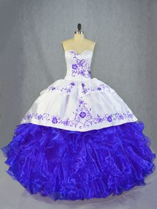 Lovely Blue And White Ball Gowns Halter Top Sleeveless Organza Brush Train Lace Up Beading and Embroidery and Ruffles Sweet 16 Dresses
